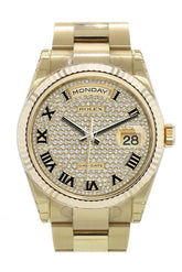 Rolex Day-Date 36 Diamond-Paved Dial Fluted Bezel Yellow Gold Watch 118238